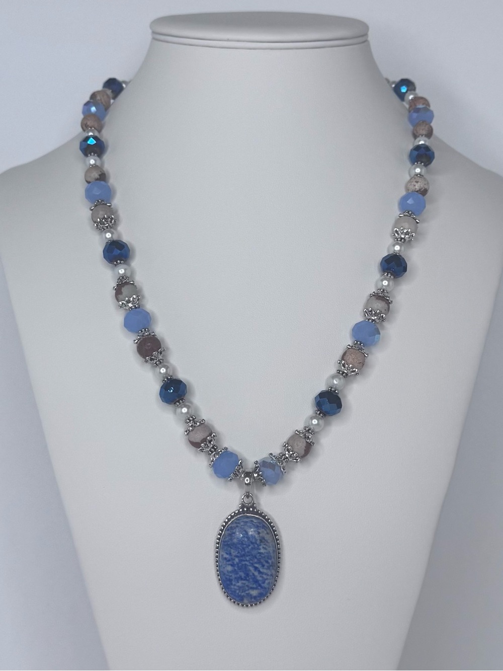 Picture Jasper, Faceted Glass & Pearls Necklace with 925 Sodalite Pendant 21”